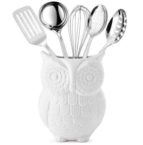 Comfify Eulen Utensilienhalter - Dekorativer Keramik Kochgeschirrhalter & Organizer - in schönem Weiß - Utensilien Caddy und perfektes Küchenkeramikdekor Geschenk - 12.7cm x 17.8cm x 10.2cm Größe