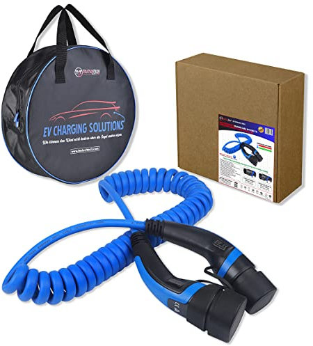 TEUTSCHTECH EV cavo di ricarica spirale auto elettrica PHEV I 6M I Type2 I 11kW I 3X16A I lunghezza utile 4,2M I monitoraggio della temperatura I protezione antincendio I sacco