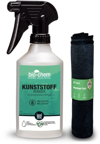 bio-chem Kunststoffreiniger 500 ml inkl. Mikrofasertuch | PVC-Reiniger gegen Nikotin & Rauchgeruch | Fensterrahmen-Reiniger für Kunststoff | Gartenmöbel, Heizkörper, Rollläden, Jalousien & mehr