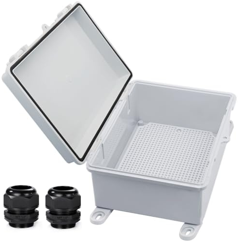 YETLEBOX Waterproof Outdoor Electrical Box Junction Box Weatherproof IP67 ABS Plastic Enclosure Switch Router Project Box with Mounting Plate with Wall Bracket 2 Cable Glands Grey 8x6x4.3