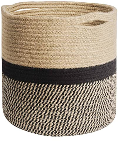 INTIRILIFE Aufbewahrungskorb 20x20 cm aus Naturfaser, Geflochtener Korb mit Griffen, Dekorativer Korb für Pflanzen, Spielzeug & Regale, Boho Korb für Wohnzimmer, Schlafzimmer & Bad, braun schwarz