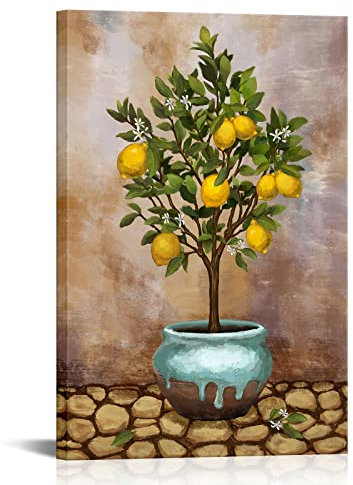 Conipit Zitronen-Wandkunst, Leinwand, Blumentopf, Zitronenbaum, Bild, Zitronenform, Kunstdruck, vertikal, Vintage, botanische Drucke, Küche, Wohnzimmer, Schlafzimmer, Dekor, gerahmt, 61 x 91,4 cm