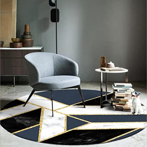 WLICWEI Traditioneller Orientteppich, fusselfrei, Esszimmer, Eingangsbereich, Foyer, Wohnzimmer, Schlafzimmer, Teppich, Marmorimitat, Goldlinie, geometrisch, Dunkelblau, Schwarz, Ø 200 cm