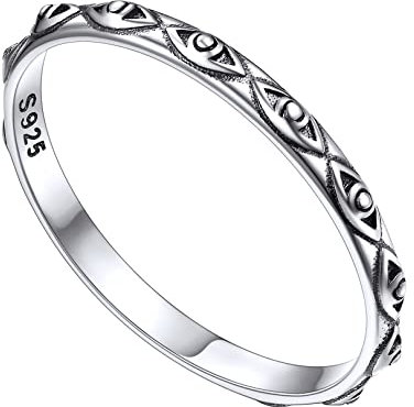 FOCALOOK 925 Silber Ehering Versprechen Ring für Damen Vorsteckring Trauring Verlobungsring mit Vintage Böser Blick Muster Schmuck für Geburtstag Größe 54 (17.2)