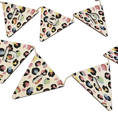 stika.co Benutzerdefinierte Happy Birthday Holz-Wimpelkette, lustiger Druck, Party-Dekor, William Morris Druck, lustige Tier-Druck-Wimpelkette, langlebige Heimdekoration (Leoparden-Regenbogen)