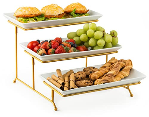 YHOSSEUN Grand plateau de service à 3 niveaux avec support de service, plats de service pour le divertissement, plateau de service à étages pour la Saint-Valentin, convient pour les tables de dessert,
