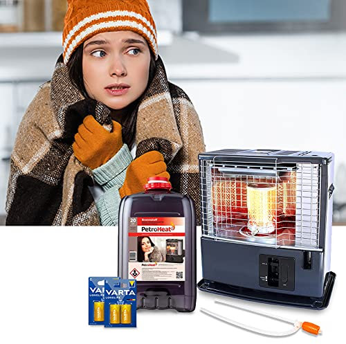 ration1 Petroleumofen Komplett Paket, Heizgerät 3000 W, Zeltheizung, Terrassenheizer, Petroleum 20 Liter Kanister, inkl. Batterien, Handpumpe für Brennstoff, Heizen bei Stromausfall