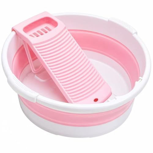 Fold Washboard Basin for Hand Washing Clothes,Non-Slip Washtub with Integrated Washboard for Hand Wash Laundry Household (Pink)