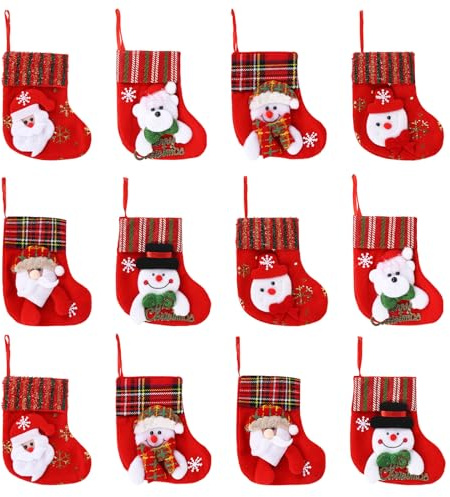 TSLBW 12 Stück Mini Weihnachtsstrümpfe Retro-Weihnachtsstrümpfe Weihnachten DIY Zubehör 3D Nikolausstrumpf Nikolausstiefel zum Befüllen und Aufhängen für Weihnachtsdeko
