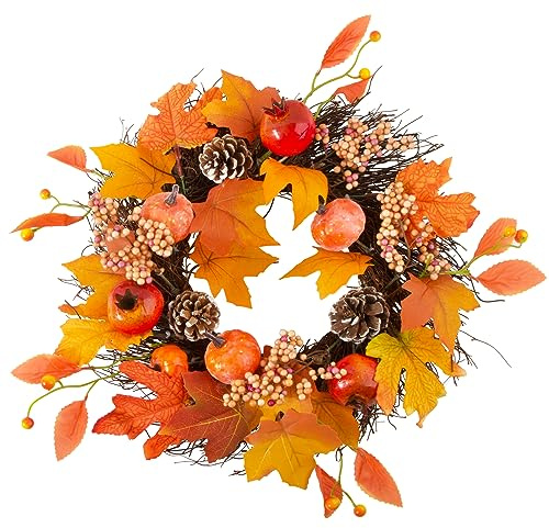 BOFUNX Ghirlanda Autunnale Corona per Porta Autunnale Ghirlanda di Zucca Corona di Foglie d'Acero Artificiale Decorazioni Halloween Ringraziamento per Porta Parete Decorazione di Casa