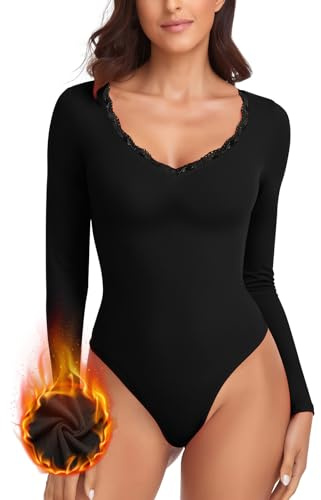 WOWENY Thermo Body Langarm Damen Elegant Spitze Micro Fleece Oberteil Spitzenbody Warm Langarmshirt Bodysuit Women mit V Ausschnitt Langarmbody Trachtenbody Schwarz XXL