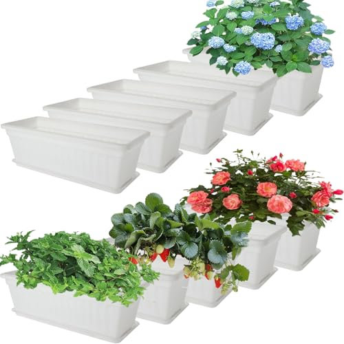 Acrux7 10 Stück Fenster-Pflanzkästen, 43,2 cm Kunststoff-Gemüseblumenkästen, weiß, rechteckig, Fenster-Pflanzkasten für drinnen und draußen, mit Ablauflöchern und Untersetzern für Garten, Balkon,