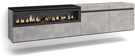 Skraut Home | TV-Schrank, Lowboard | für Wohnzimmer und Esszimmer | 200x45x35cm | Für TV-Geräte bis zu 80 | Elektrokamin. Maße | Hängend | Moderner Stil | Zement