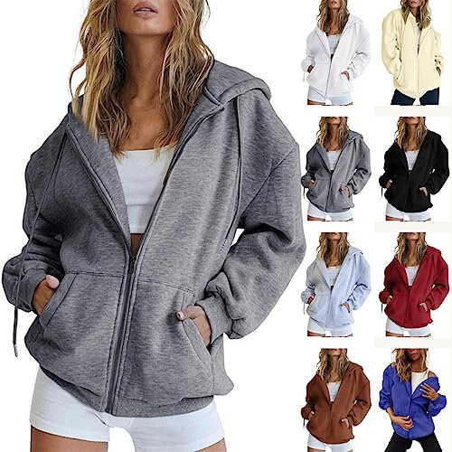 Cihdmfb Sweatjacke Damen Winter Einfarbig Kapuzenjacke Casual Lose Sweatshirt Kapuzenpullover Mit Kapuze Reißverschluss Mantel Lang Pullover Y2K Teenager Mädchen Kaputzenpullis(A Schwarz,S)