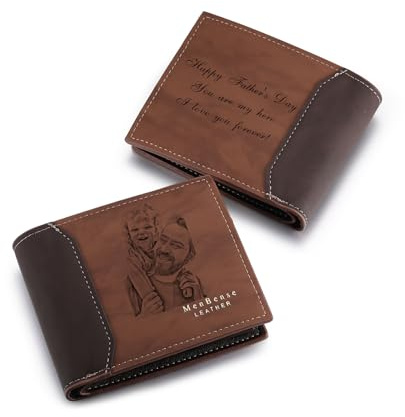 MeMeDIY Personalisierte Bifold Leder Brieftaschen für Männer Individuell Foto/Text Herren Geldbörsen Personalisierte Skizzenbild-Geldbörse Geschenke für Männer Freund Vater (B2-2 Texte, Hellbraun)