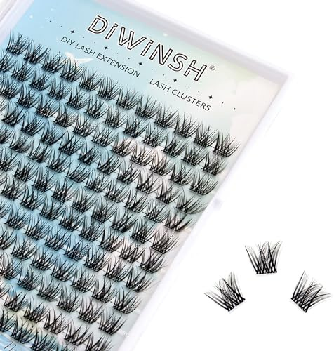 DIWINSH Kurzer Wimpern Cluster 144 Pcs 10mm Natürliches Wimpern Extensions | D Curl Kurzer Wimperncluster, Wispy Lash Clusters, Unsichtbares Klar Wimpernband, zu Hause DIY Wimpernbüschel für Anfänger