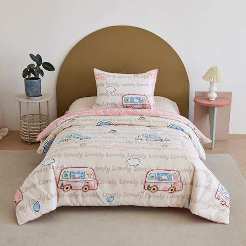 DXHOME Kinderbettdecke 100x135cm Dinosaurier-Schlafdecken für Babys Kinder Bettdecke Therapiedecke Schlafhilfe Weiche Mikrofaser Waschbar Ganzjährig mit Kissenbezüge 80x80cm（Rosa Bus ）