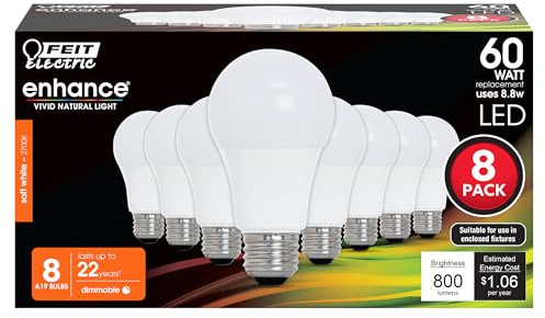 Feit Electric A19 LED Light Bulbs, 60W Equivalent, Dimmable, E26 Standard Base, 90 CRI, 800 Lumens, 2700K Soft White, 120V, 22 Years Lifetime, Damp Rated, 8 Pack, OM60DM/927CA/8