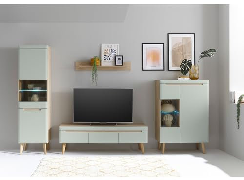 Lomadox Wohnwand in Grün Matt mit Eiche, 4-teilig, Standvitrine, Wandboard, TV-Lowboard, Vitrine