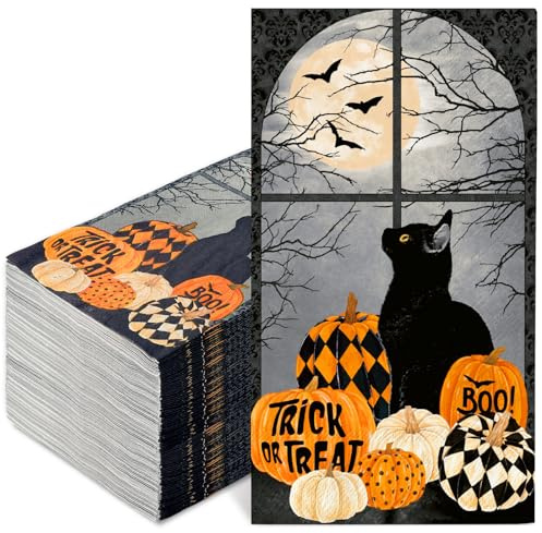 JarThenaAMCS Lot de 50 serviettes en papier jetables pour invités d'Halloween Motif chat et citrouille Noir