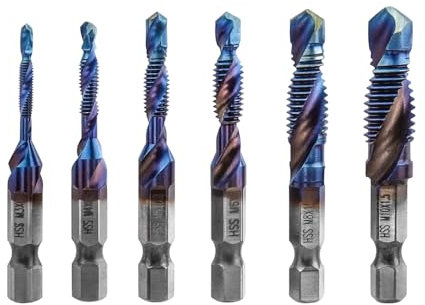 Bestgle 6 Pcs Trapani in Metallo Elicoidali, Set di Punte da Trapano, Unte Trapano Esagonali con Rivestimento in Titanio HSS, Countersink Tap per Forare Che per Filettare