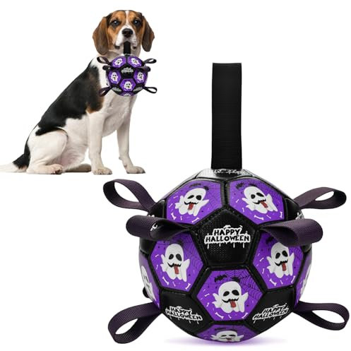 ShuRung Halloween Thema Fußball Hundespielzeug Mit Riemen - Interaktive Spielbälle für Tauziehen, Ghost Pattern für Kleine, Mittlere und Große Hunde