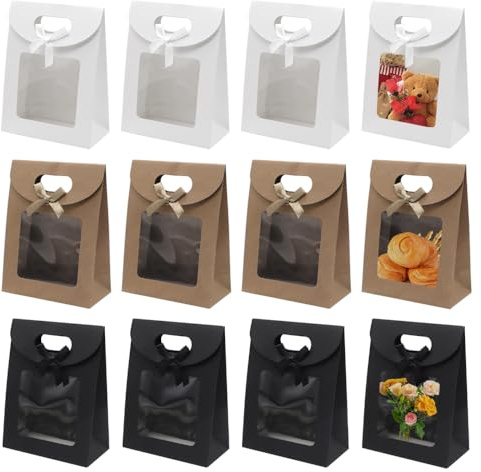 YDHfdc Geschenktüte mit Fenster 12 Stück Geschenktüten Klein Geschenktüten Papier Papiertüten mit Henkel für Verpacken geschenken, Süßigkeiten, Keksen (16x12cm)