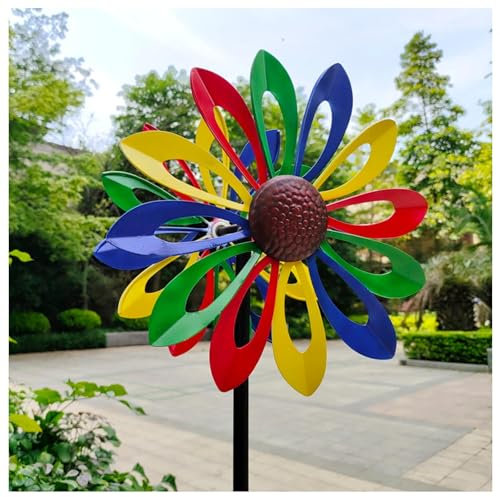 MeLtor Sonnenblume Windrad Blume Doppelwindrad mit gegenläufigen Rotoren,174CM, Windräder Windmühle für Rasen Garten Hof Dekoration,Colorful