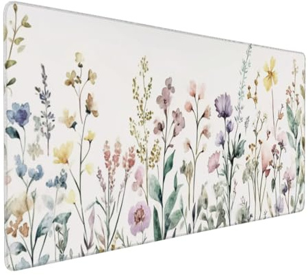 Schreibtischunterlage mit Blumenmuster, groß, ausziehbar, XXL, Beige, Boho-Schreibtischunterlage, 90 x 40 cm, niedlich, minimalistisch, Blumen, Ästhetik, Computer, Laptop, Mauspad, rutschfest, für