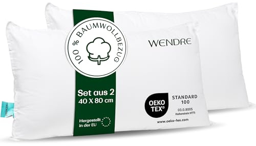 WENDRE Kopfkissen 2er-Set 40x80 cm – Weich, atmungsaktiv, Baumwollbezug | Faserfüllung ohne Federn, ideal für Allergiker, waschbar bei 60°C, OEKO-TEX zertifiziert, hergestellt in der EU