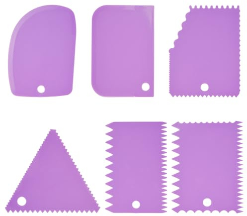 6 stycken plastlerskrapor, degskrapa kort, kakskrapa tandspatel, tårtplattång spatel, degspatel, set för kakor/bakverk/glasyr/chokladtillverkning (lila)
