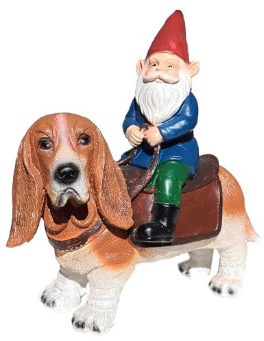 Nain de jardin amusant sur un basset - Cadeaux amusants pour femme - Nains de jardin pour l'extérieur - Cadeaux pour les amoureux des chiens - Sculpture de nain de jardin intérieur/extérieur pour