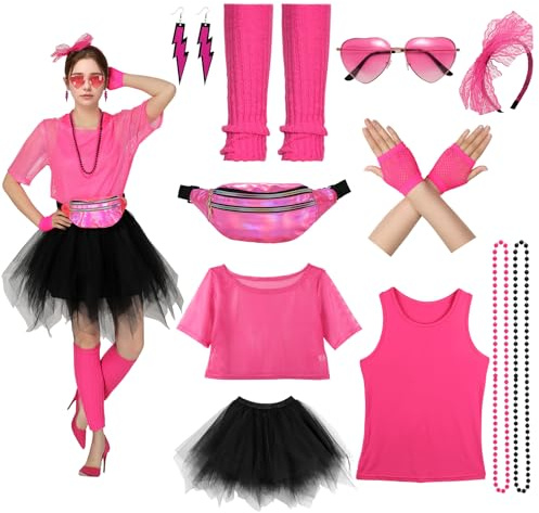 WERFORU 10 Pcs 80er 90er Jahre Outfit Damen Kostüm 80er Jahre Damen für Party Halloween Karneval