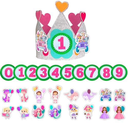 MAXI NONA MAXINONA.COM Corona cumpleaños 1 año niño niña – Corona de fieltro gris con números del 0 al 9 y figuras temáticas – Ajustable con velcro – Fiesta primer cumpleaños