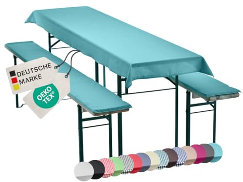 NYVI Bierbankauflagen Set NYVIGala 240x70 cm Aqua - 1x Tischdecke für 220x50 cm Biertische & 2X Gepolsterte Auflage für 220x25 cm Bierbänke - Sitzauflage für Bierzeltgarnitur