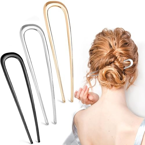 VZXQX 3 Stück Französische Haarnadeln Gold Silber Schwarz, 14cm U-förmige Metall French Hair Pin für Damen Mädchen Frauen, French Twist Hair Pin Groß Lang Haargabel für Dickes Haar, Dutts