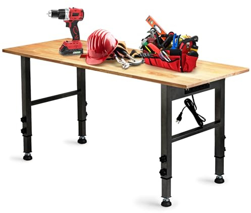 OLBRUS 54.3 Adjustable Workbench with Power Outlet, Heavy Duty 2000 LBS Load Capacity Hardwood Workbench Suitable for Workshop, Office, Garage, Home (Rubber Pad丨Power Outlets 54.3x21.6)