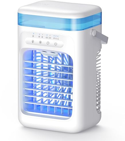 SWGOTA Mobile Klimaanlage, 4 in 1 Mini Tragbare Klimaanlage, 1000ml Wassertank, 3 Lüftergeschwindigkeiten, 2 Nebelmodi, 7 Farben LED, Tragbarer Luftkühler Geeignet für Schlafzimmer, Büro, Wohnzimmer
