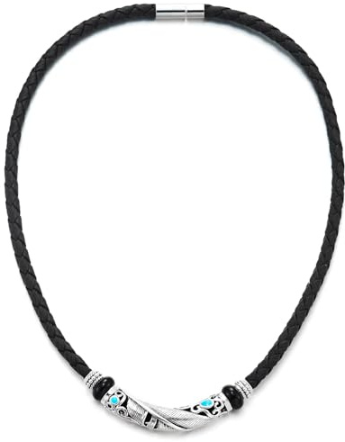 COOLSTEELANDBEYOND Noir Tressé Cuir Collier avec Plume Pendentif et Bleu Pierres - Tribal Vintage - Homme Femme