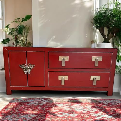 OPIUM OUTLET Schrank Kommode Sideboard Lowboard Hochzeitsschrank chinesisch asiatisch orientalisch Asia Vintage Möbel komplett montiert (rot)