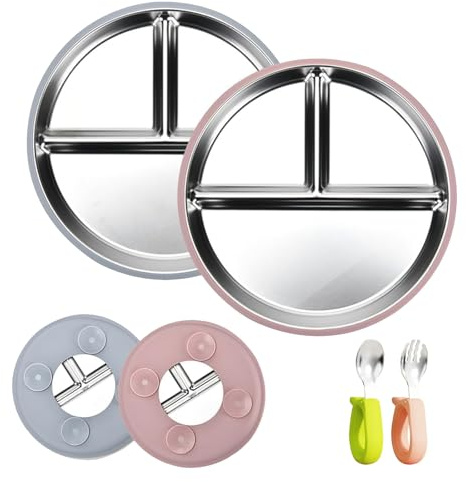 sanheshun 2 Stück Edelstahl Teller Baby Saugnapf,Baby-Silikonteller & 2er-Pack Löffel und Gabeln,BPA-Frei Lebensmittelechtes Material | Spülmaschinenfest | Leicht zu reinigen