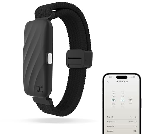 Homedics WakeBand Bracelet d'alarme Vibrant - Réveil Silencieux avec 9 Modes et Fonction répétition, Contrôle des Applications, Montre de réveil avec Vibration Douce, Bracelet en Tissu Doux, Noir