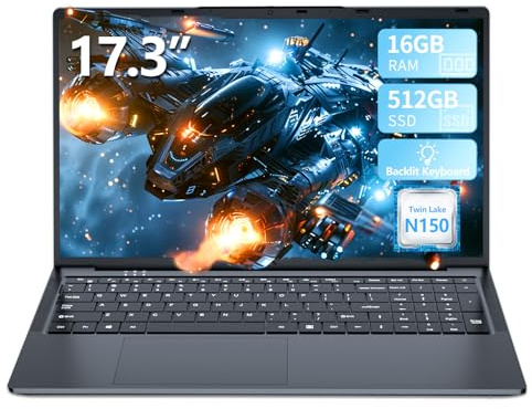 rumlawn Portátil 17,3 Pulgadas,Twin Lake N150 CPU Ordenador Portátil 16GB RAM 512GB SSD, Teclado Iluminado Win11 PC Portatil, Capacidad de 6000mAh, Cámara, USB 3.0 x 3, WiFi 5, HDMI, Type-C
