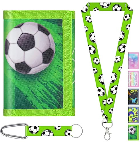 AUNGCSHE Kinder Portemonnaie Jungen, Fußball Motiv Geldbeutel Kinder, Alter 4-12 Trifold Brieftasche mit Schlüsselband, für Weihnachten und Geburtstag (Grüner Fußball)