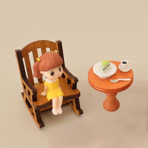 KARLOR Miniature Rocking Chair Table Girl Set, 7 Pieces Mini Furniture Girl Figure Table Coffee Cake Plate, Mini Balcony Coffee Table Micro Landscape Scene Gnome Garden Decoration