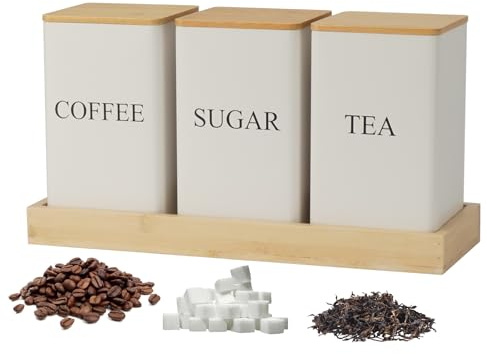 IEMIEBSHA 3Pcs Coffee Tea Sugar Container Set, White Iron Storage Tin with Bamboo Lid and Tray, Square Airtight Food Container Jars for Farmhouse Kitchen Dining Room Countertop Decor