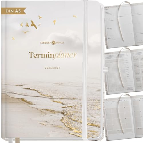 Lebenskompass® Kalender 2026 2027 A5 Sanf - Terminplaner Juli 2026 bis Dezember 2027 - 18 Monate Wochenplaner & Buchkalender mit Achtsamkeit, Hardcover mit Goldprägung