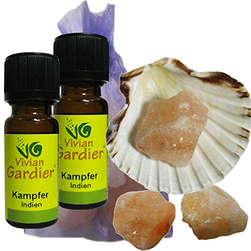KAMPFER/KAMPHER ätherisches Öl naturrein 2 x 10ml aus kontrolliertem Anbau. 7 teiliges Aromatherapie Duft Set mit Muschel + 3 Salz Kristalle zum Beduften + Säckchen. 50011