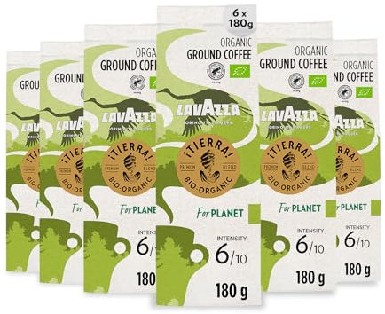 Lavazza, Tierra For Planet, Ground Coffee, 6 Packs of 180g, Ideal for Moka Pot or Filtered Coffee, with Fruity and Flowery Notes, for a Mild Taste, 100% Organic Arabica, Intensity 6/10, Light Roast