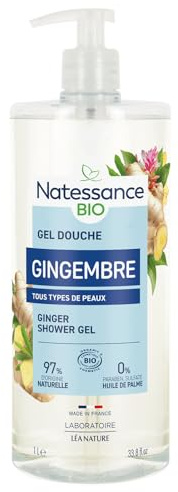 Natessance gel douche stimulant gingembre bio 1L | Certifié Bio Cosmos Organic, Flacon Pompe